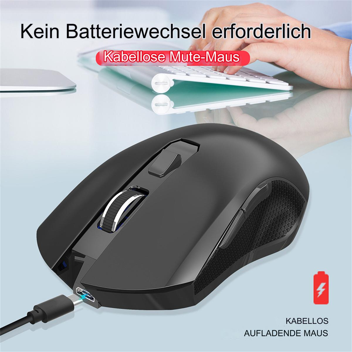 Eine schwarze Maus mit angeschlossenem Ladekabel. Auf dem Bildschirm steht: kabellose Mute-Maus.