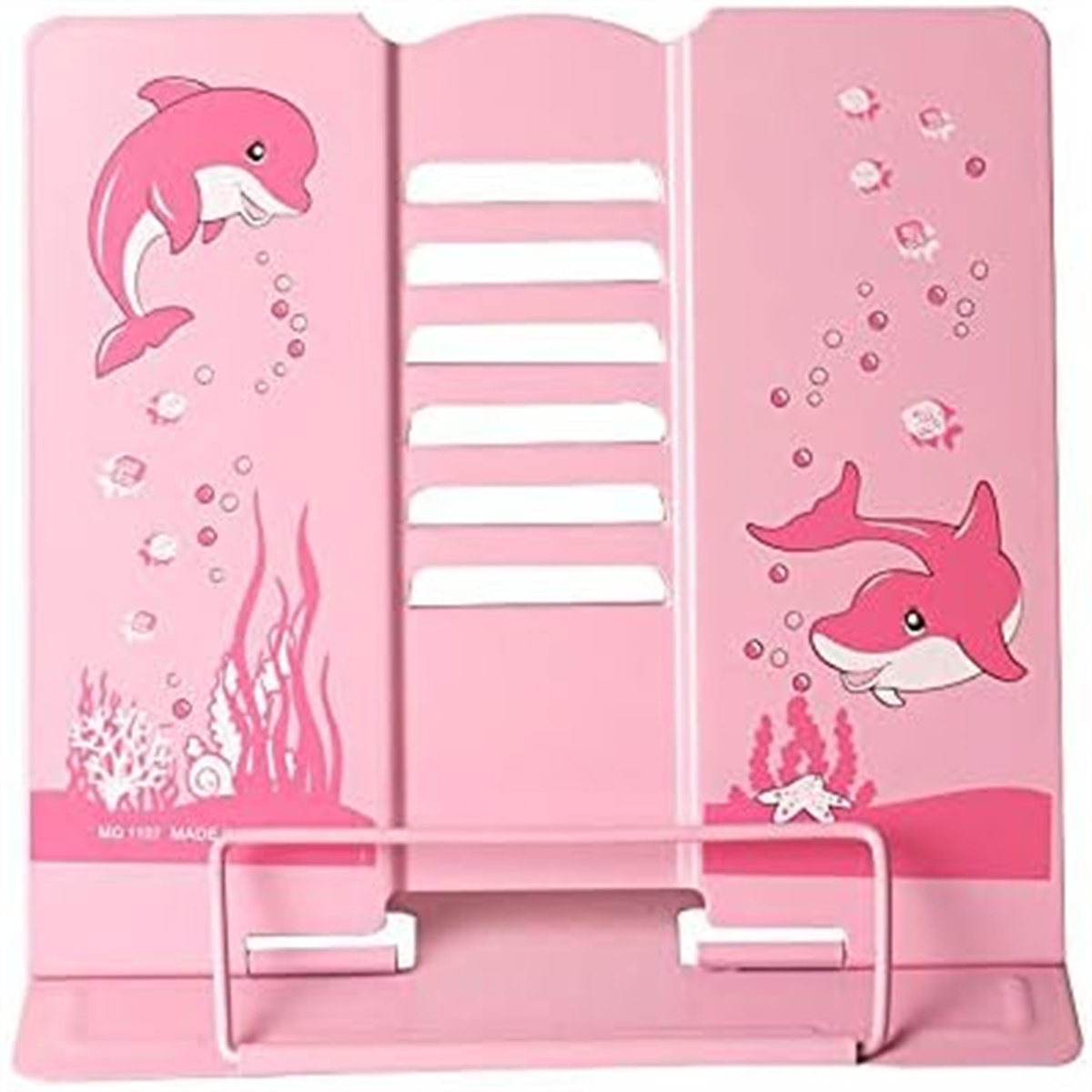 Rosa Buchständer mit Delfinzeichnungen, ein einfaches, süßes und freundliches Design.