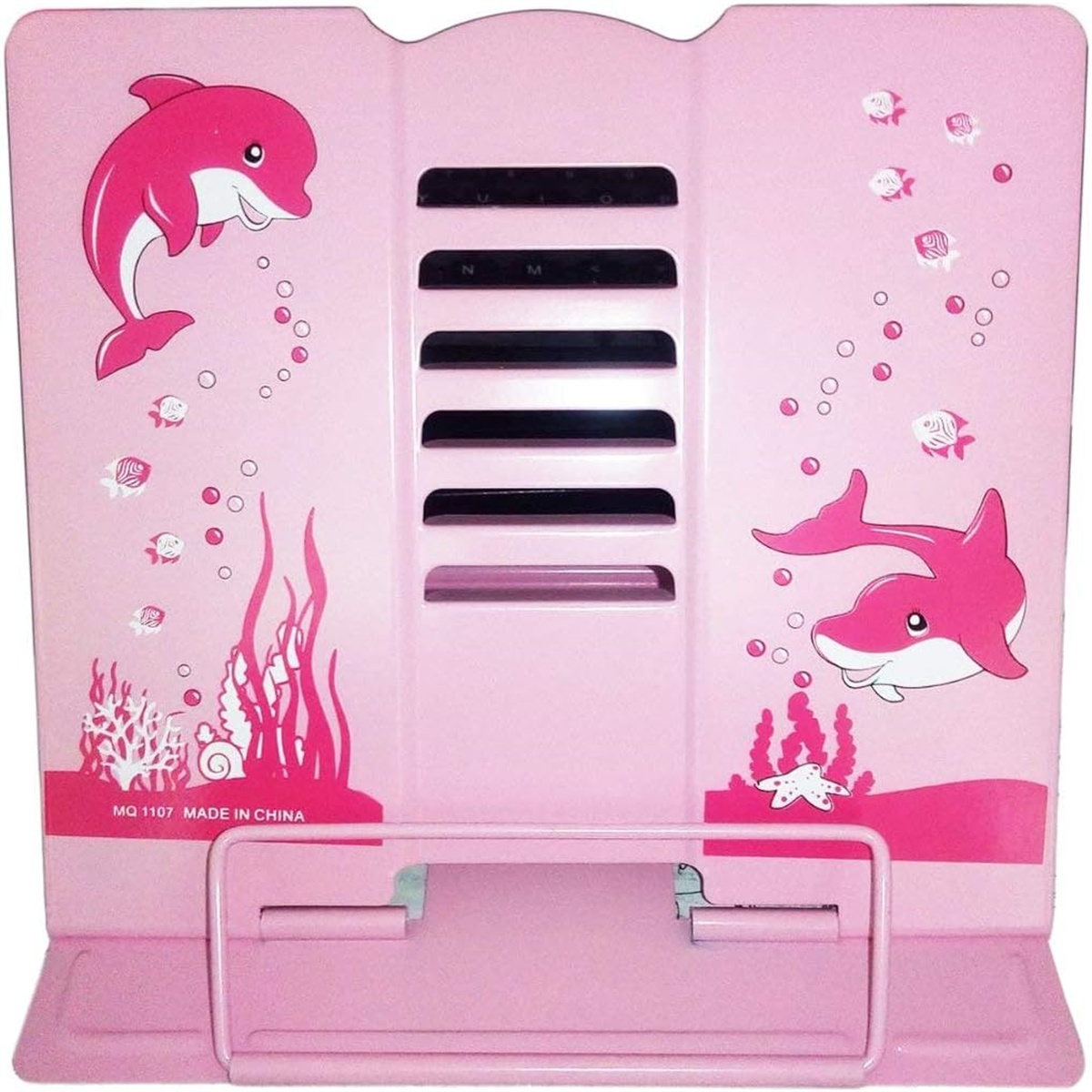 Ein rosa Buchhalter mit Delfinen. Die Delfine sind rosa. Das Wort China ist sichtbar.