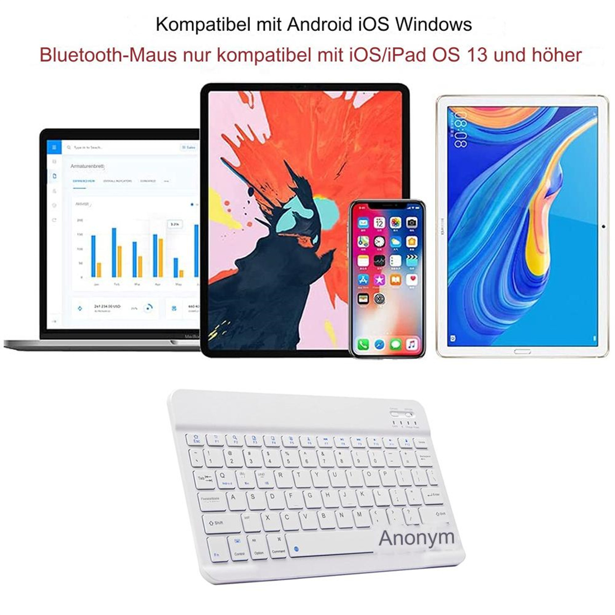 Elektronische Geräte, darunter ein Laptop, Tablets, Telefon und Tastatur.