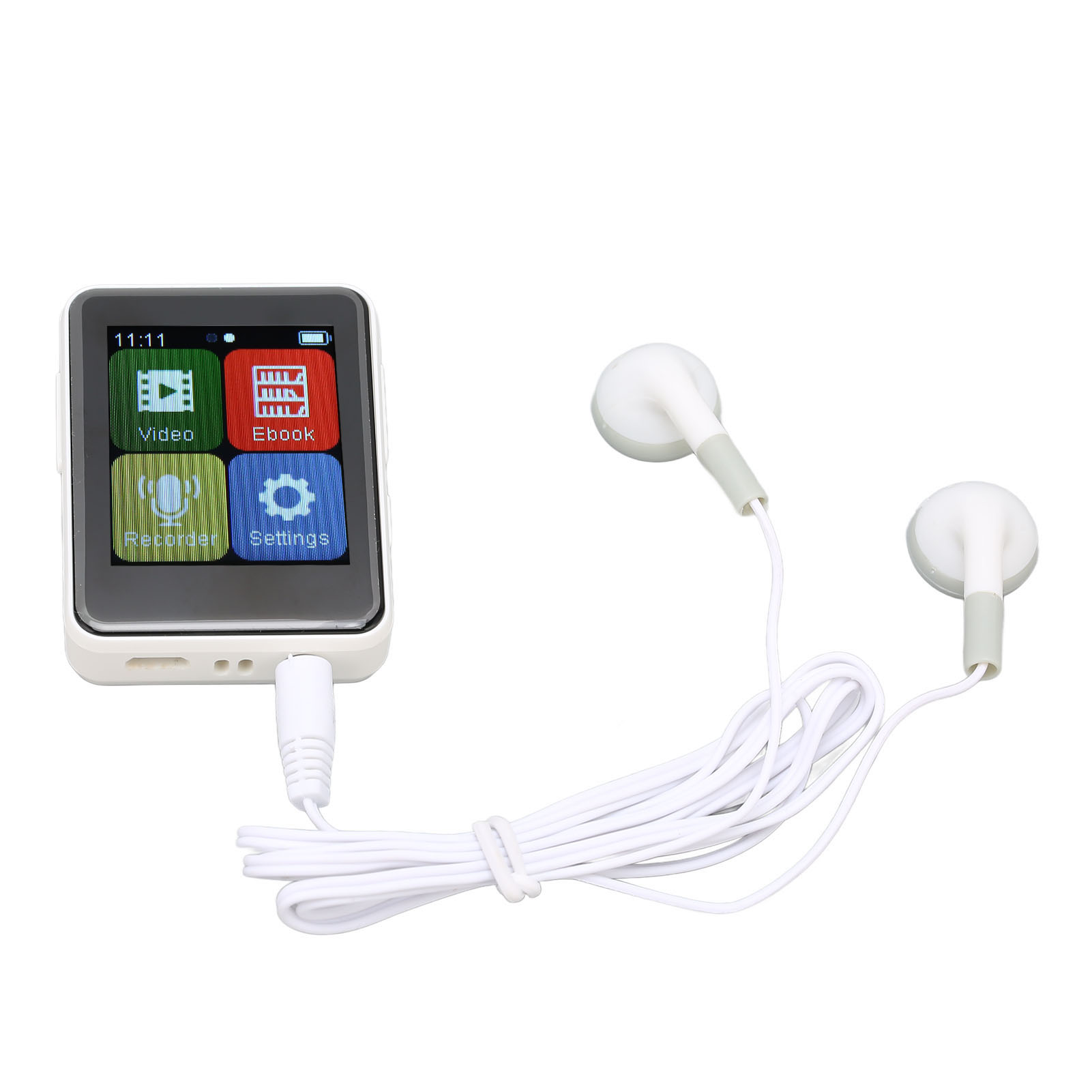 Ein weißer MP3-Player mit einem Bildschirm. Weiße Ohrhörer sind angeschlossen. Der Hintergrund ist weiß.