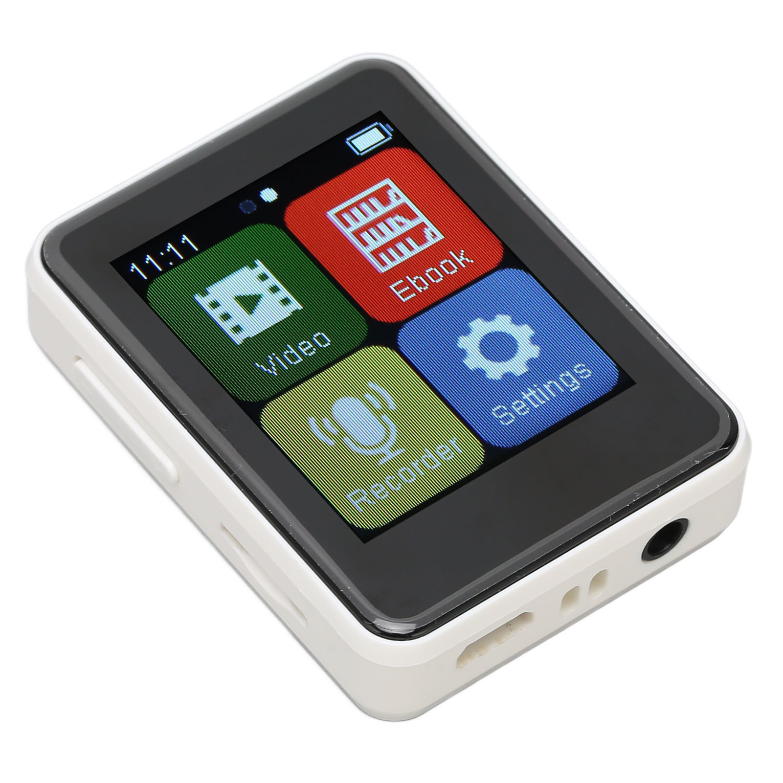 Kleiner weißer MP3-Player mit Touchscreen und Symbolen.