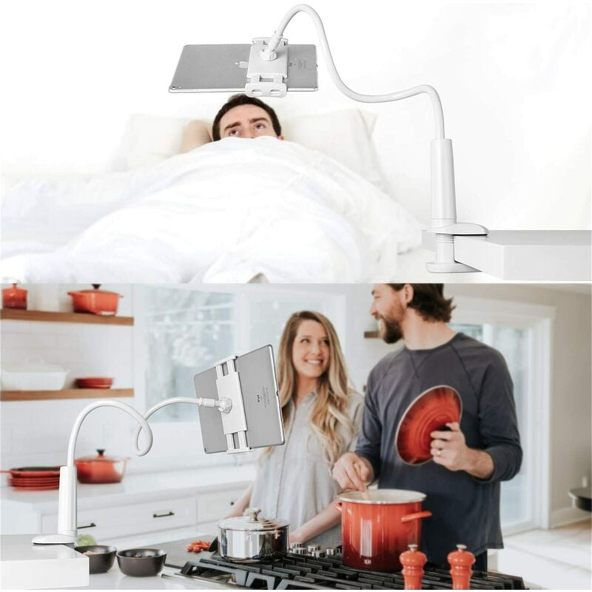 Zwei Bilder, die ein Tablet mit flexiblem Ständer zeigen. Ein Benutzer liegt im Bett, der andere in der Küche.