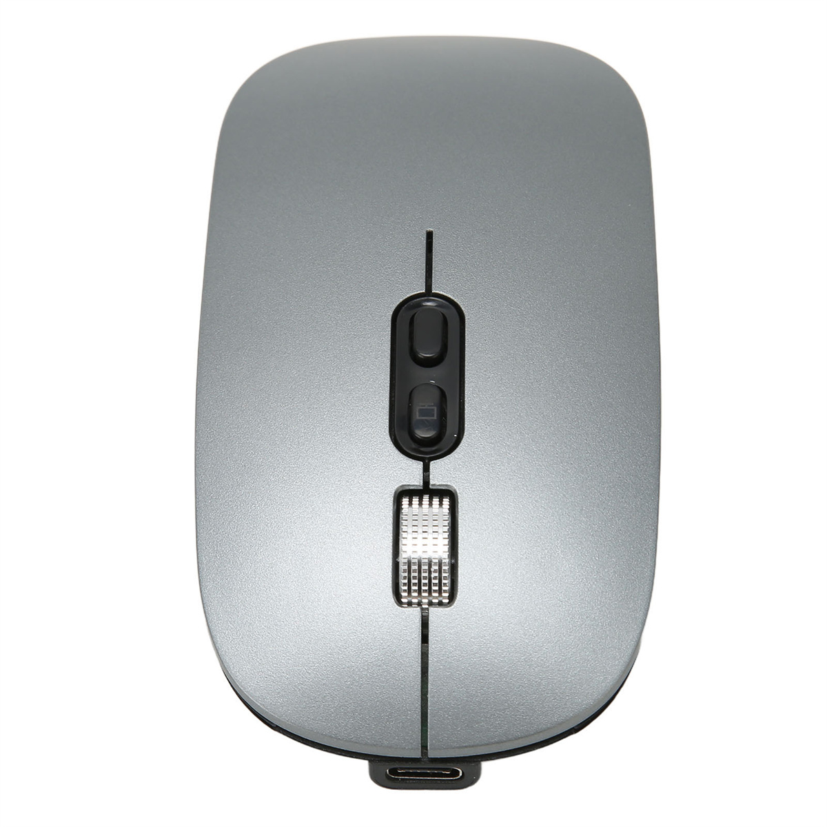 Eine silberne Computermaus mit zwei Tasten und einem Scrollrad. Die Maus liegt auf einer weißen Oberfläche.