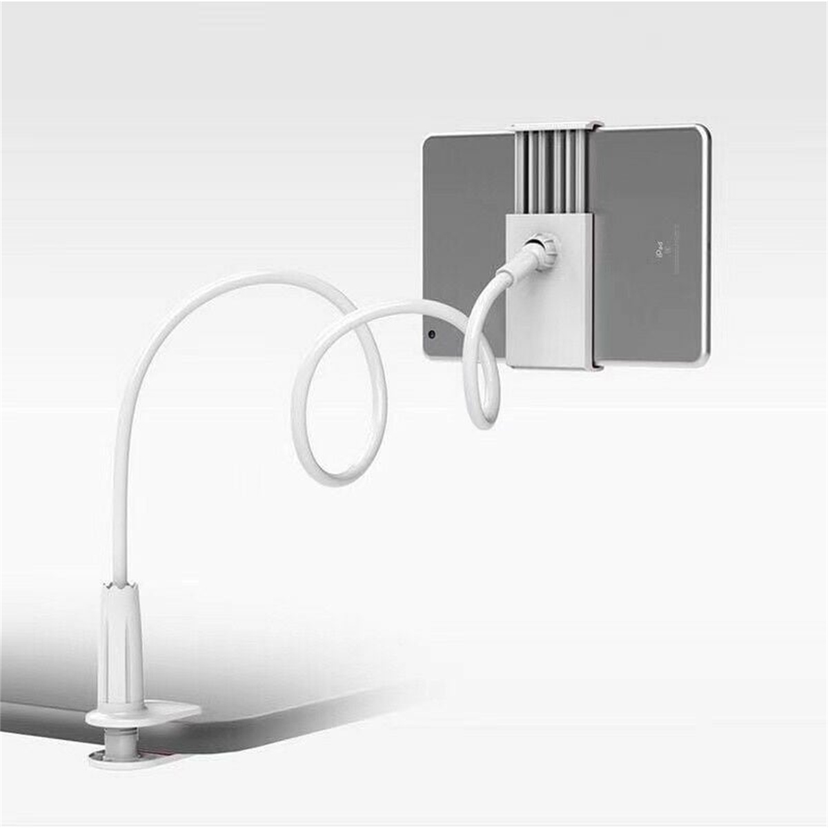 Ein weißer Tablethalter mit flexiblem Arm und Klemme.