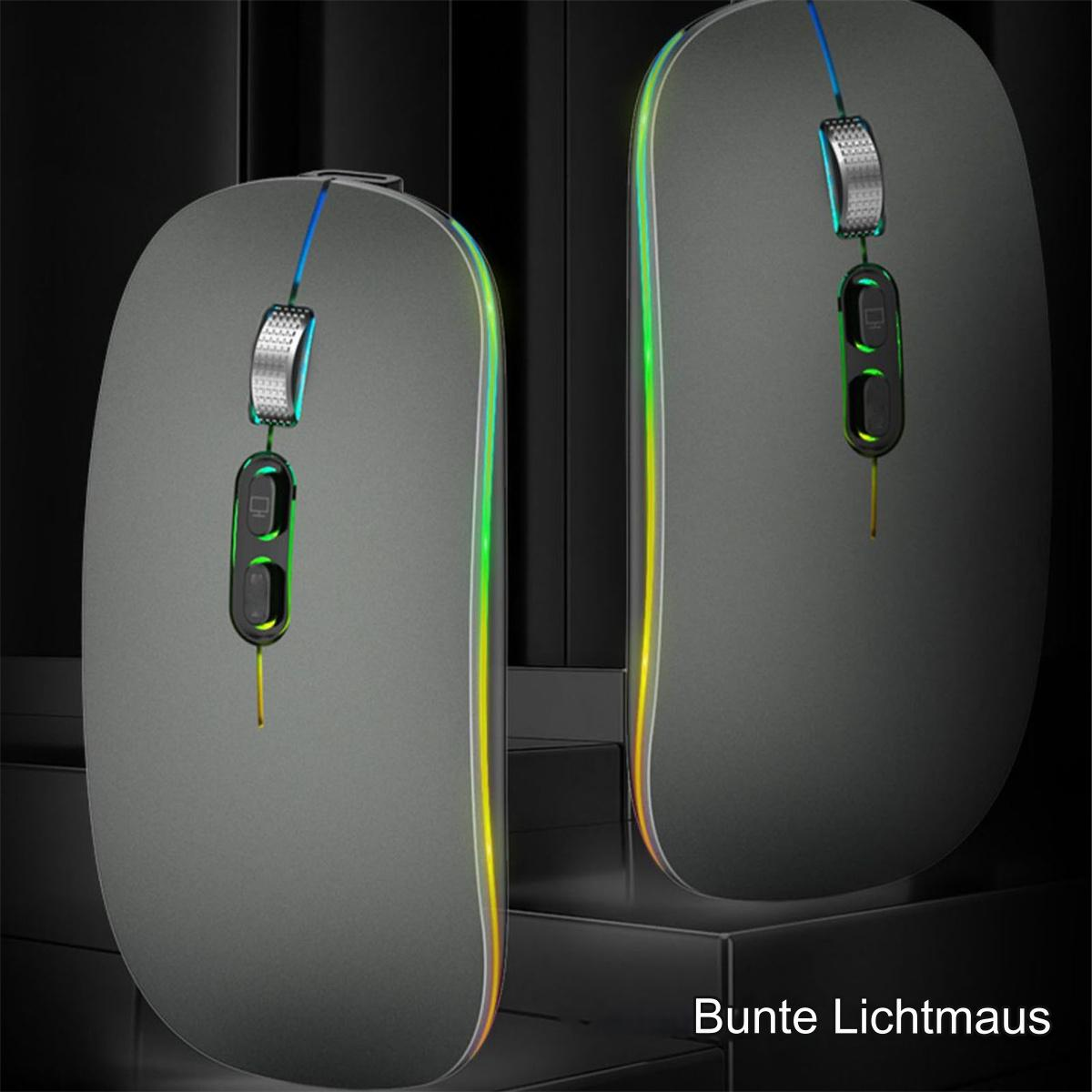 Zwei graue Computer-Mäuse mit bunten LED-Lichtern.