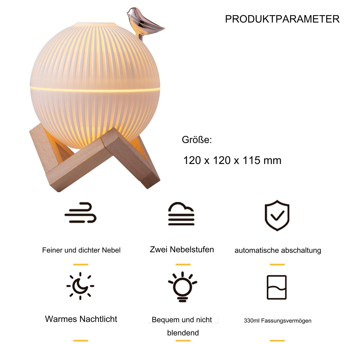 Ein weißer und hölzerner Luftbefeuchter mit einem Vogel oben und Produktparametern.