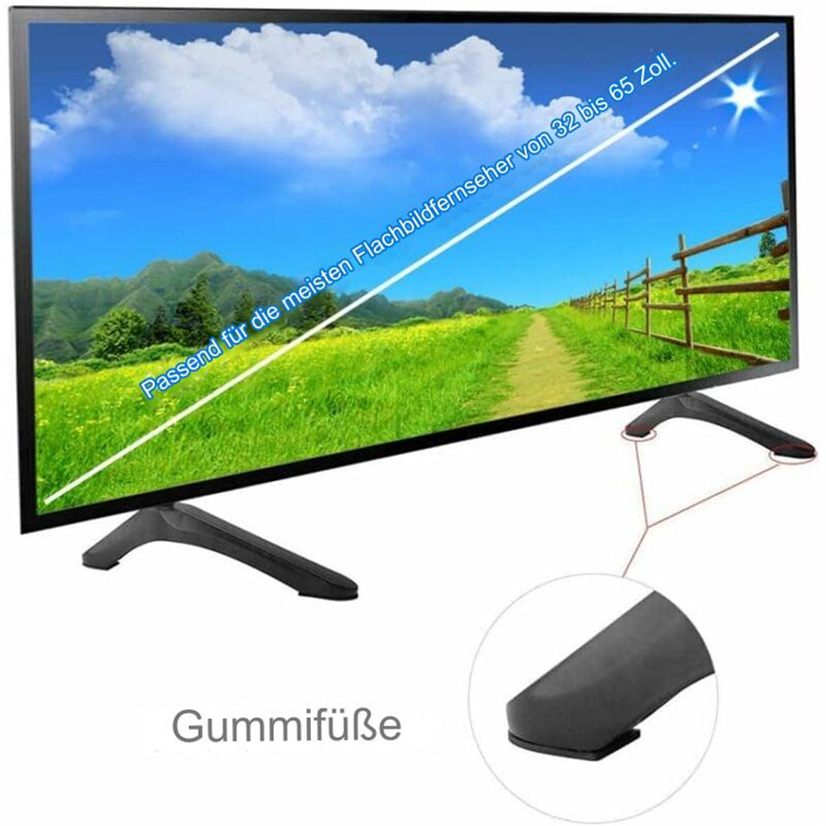 Ein großer Flachbildfernseher mit malerischem Hintergrund und Nahaufnahme der Füße.