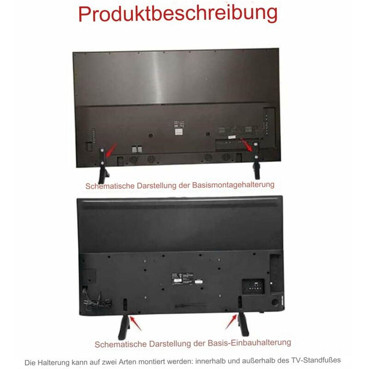 Rückansicht von zwei Fernsehern mit Ständern. Pfeile und deutscher Text. Weißer Hintergrund.