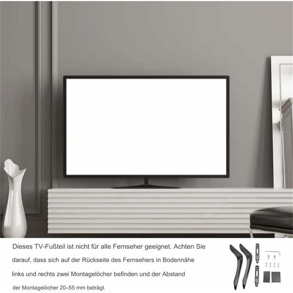 Ein Fernseher auf einem weißen Schrank. Text darunter erwähnt, dass er möglicherweise nicht für alle Fernseher geeignet ist.