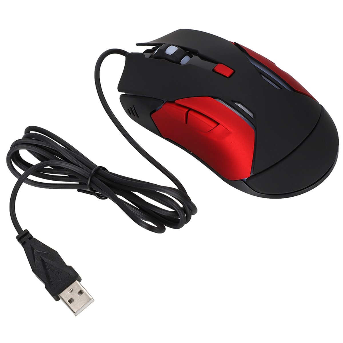 Schwarze und rote Gaming-Maus mit USB-Kabel. Sie hat mehrere Tasten.