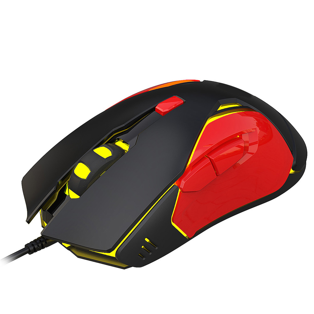 Schwarze Gaming-Maus mit roten und gelben Akzenten. Hat ein Kabel und ein Scrollrad. Hat Tasten an der Seite.