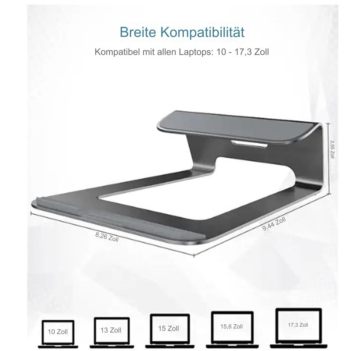 Silberner Laptop-Ständer. Verschiedene Laptop-Größen unten gezeigt.