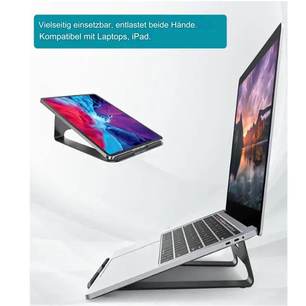 Laptop und Tablet auf einem Ständer. Weißer Hintergrund. Text oben.