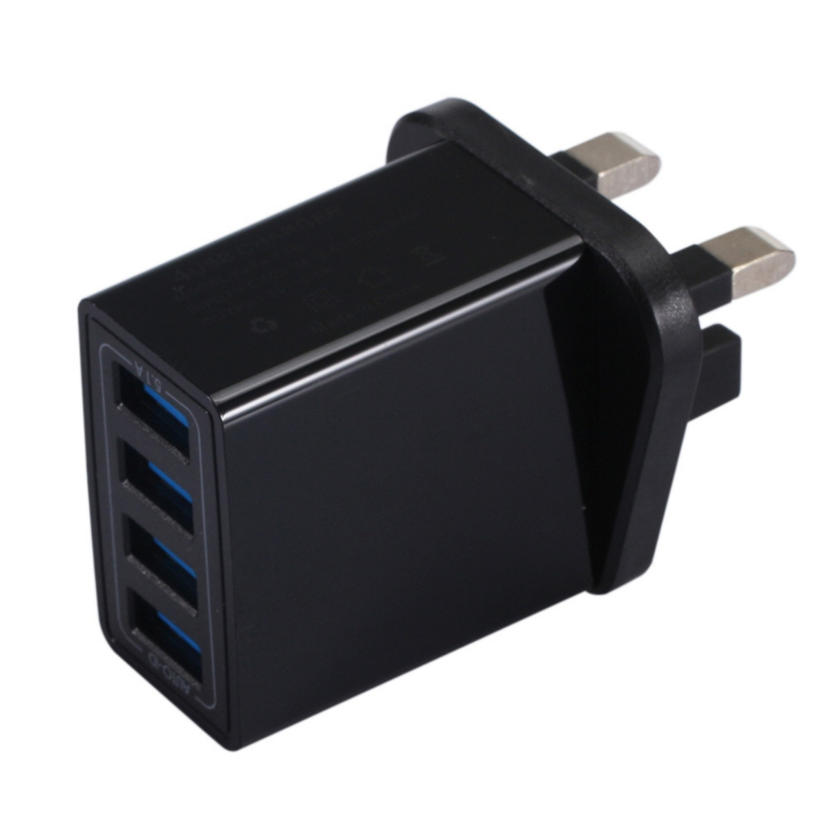 Schwarzes USB-Ladegerät mit vier blauen USB-Anschlüssen und britischem Stecker.