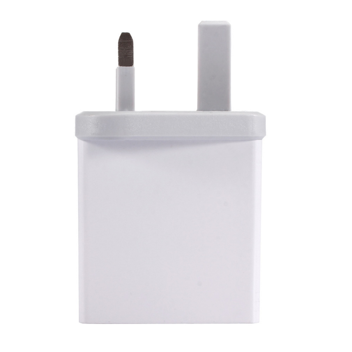 Weißer Netzadapter mit zwei Stiften, grauem Oberteil und weißem Gehäuse.