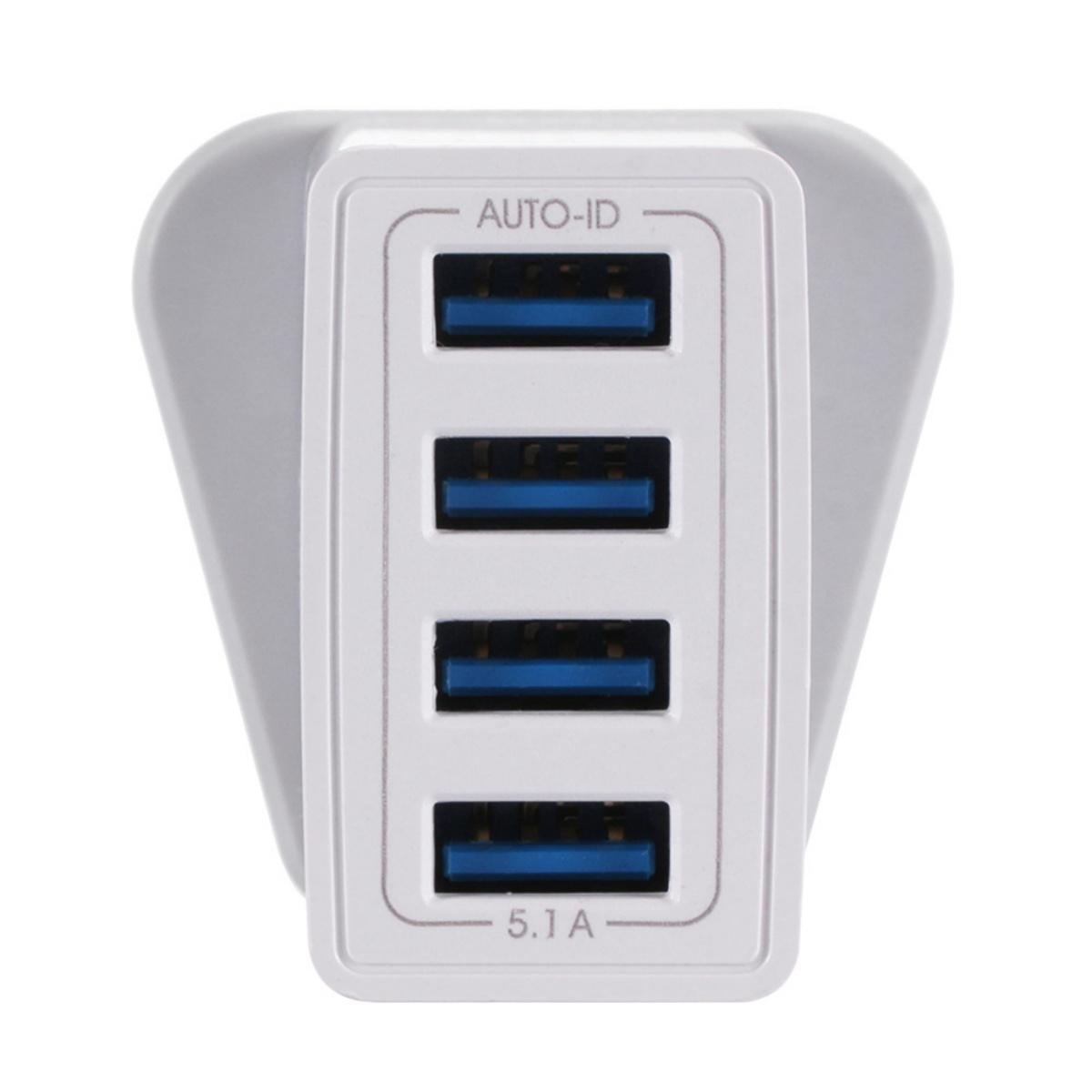 Weißes und graues USB-Ladegerät mit vier USB-Anschlüssen. Es trägt die Aufschrift AUTO-ID und 5,1A.
