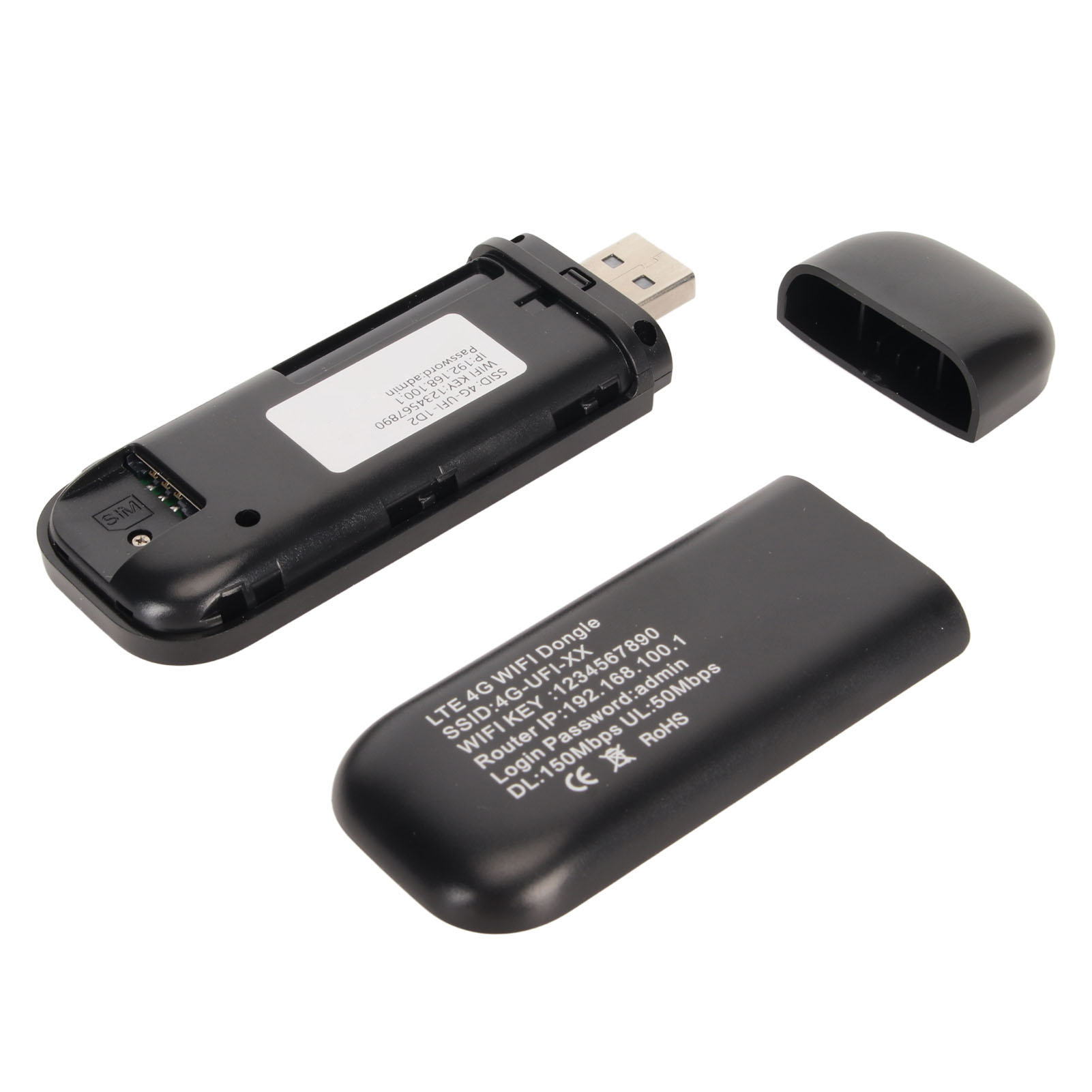 Schwarzer 4G-WLAN-Dongle, offen, mit SIM-Karten-Slot und USB-Anschluss. Etiketten sind sichtbar.