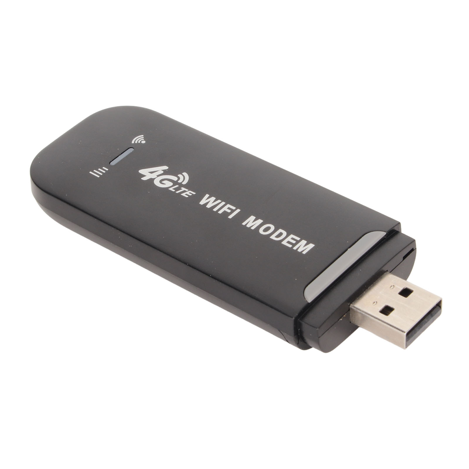 Schwarzer 4G LTE WiFi-Modem mit USB-Anschluss, abgewinkelt auf weißem Hintergrund, mit Text.