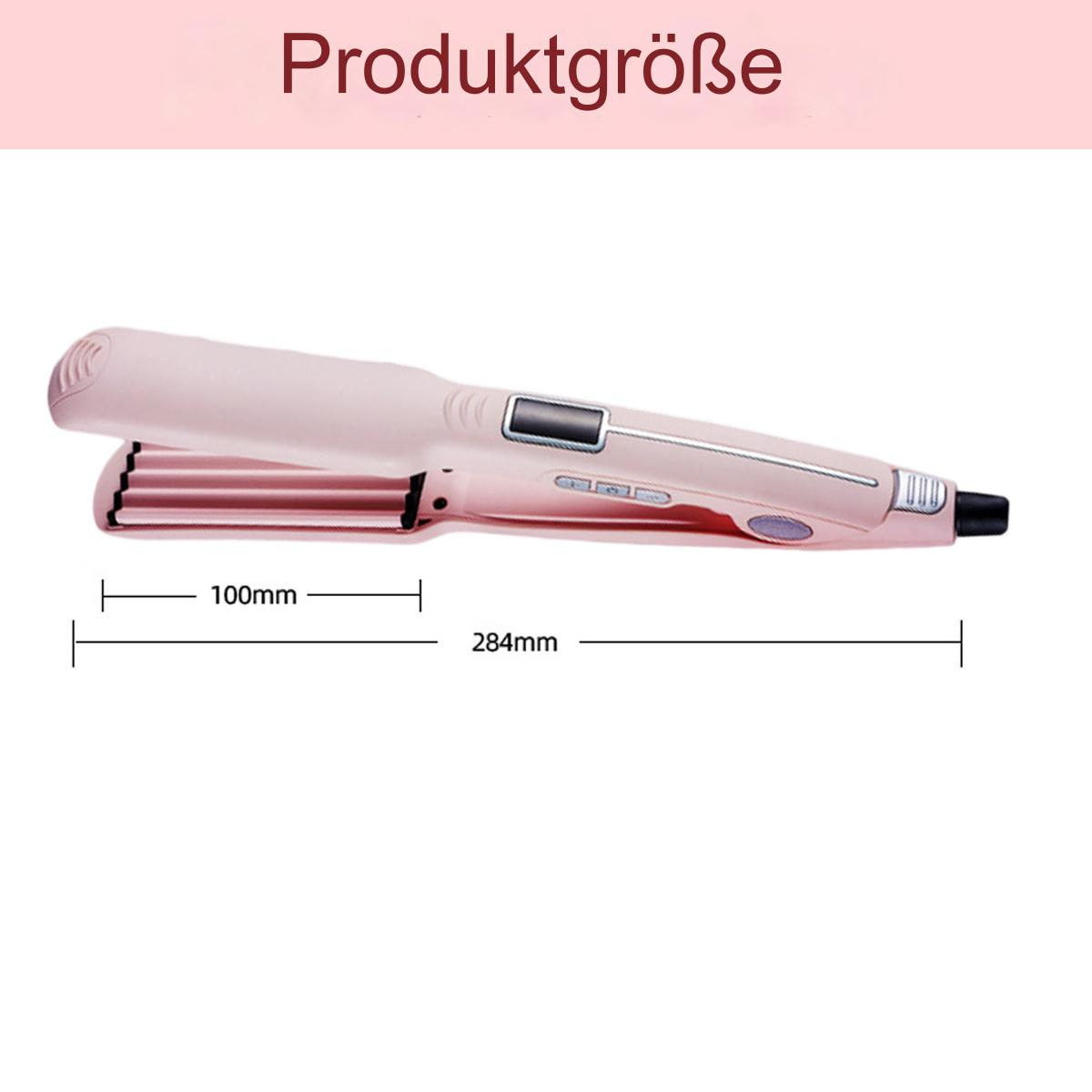 Ein pinkfarbener Haarkreppeisen mit Abmessungen. Der Kreppeisen ist 284 mm lang und 100 mm breit.