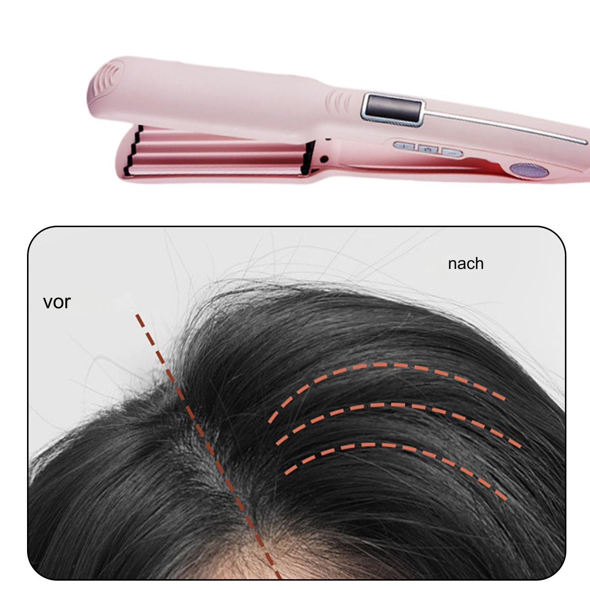 Haarstyling-Werkzeug mit einem Vorher-Nachher-Abschnitt, der gewellte Haare zeigt.