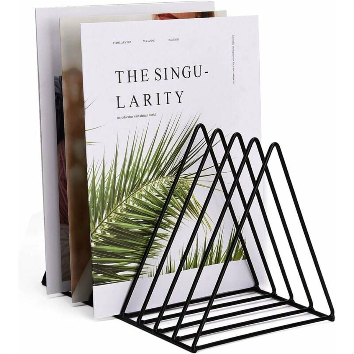 Schwarzer Metall-Buchständer mit Magazinen. Das Cover hat den Text 'The Singularity'.