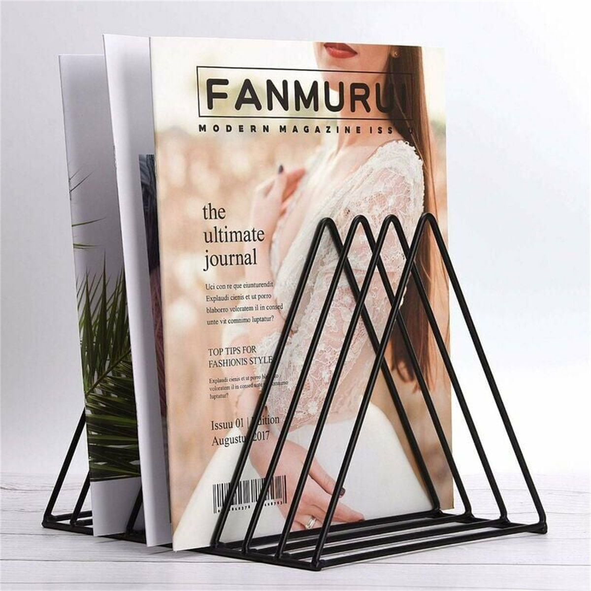 Schwarzer Metall-Zeitschriftenhalter mit Zeitschriften. Ein Zeitschriften-Cover zeigt eine Frau in weißem Kleid.