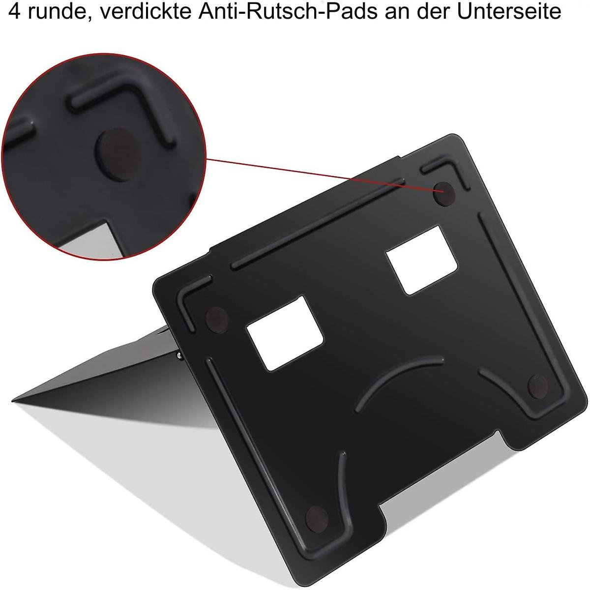 Schwarzer Laptop-Ständer mit abgerundeten Pads an der Unterseite. Eine Nahaufnahme der Pads wird ebenfalls gezeigt.