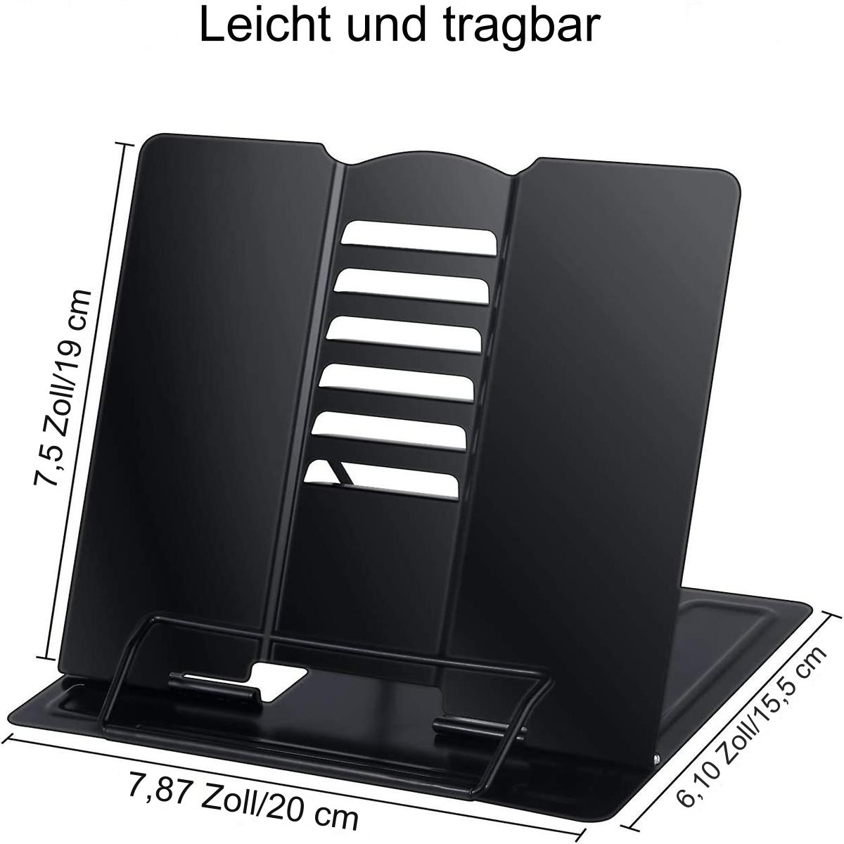Schwarzer Metall-Buchständer. Maße in cm und Zoll. Weißer Hintergrund.