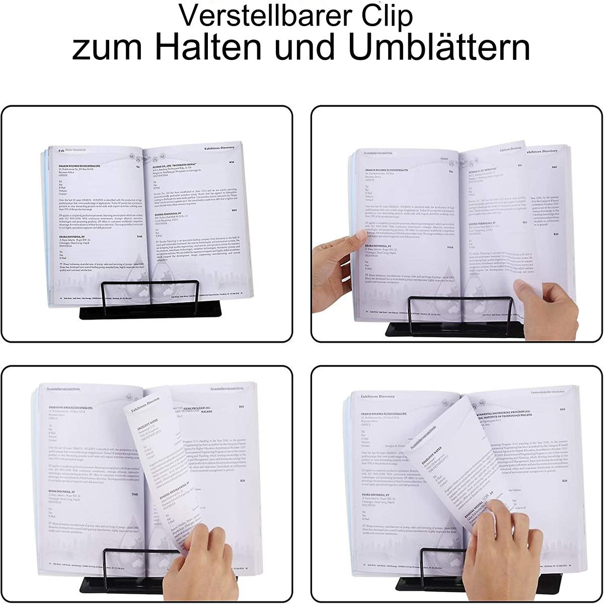 Hände, die Seiten in einem Buch wenden, das von einem schwarzen Ständer gehalten wird, der Text "Verstellbarer Clip...".