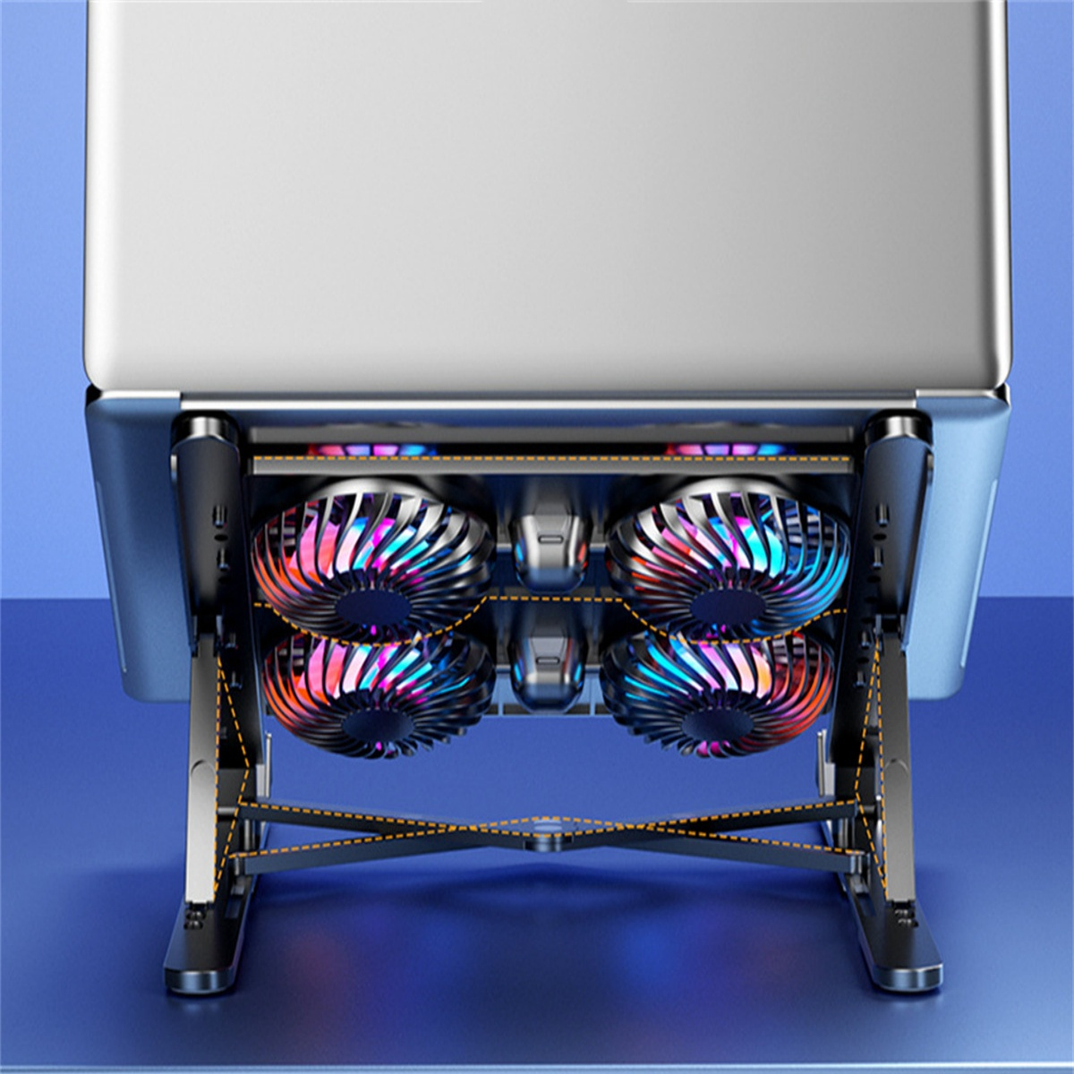 Ein Laptop-Ständer mit vier Lüftern, jeder mit mehreren farbigen Lichtern. Der Ständer ist blau auf blauem Hintergrund.