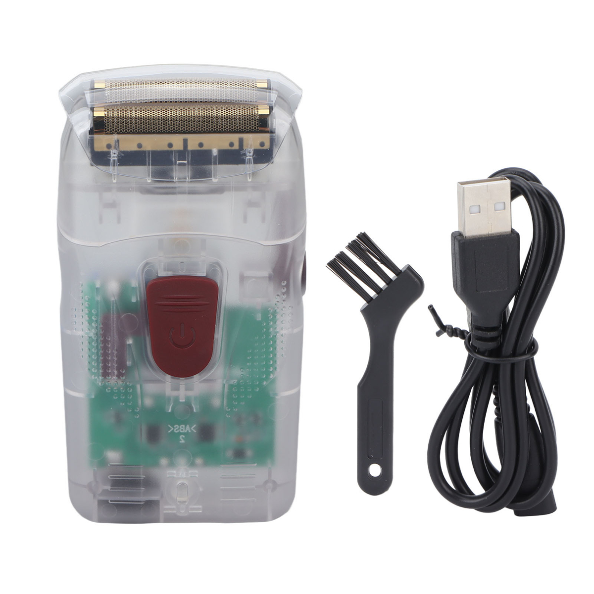 Transparenter Elektrorasierer mit Bürste und USB-Kabel. Interne Komponenten sind sichtbar.
