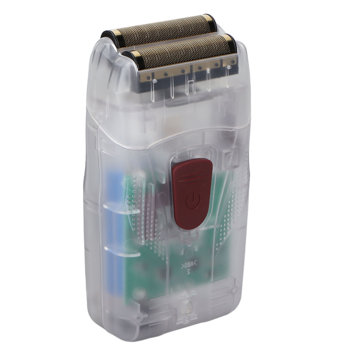 Transparenter Elektrorasierer mit zwei Klingen und rotem Ein-/Aus-Knopf. Die Innenteile sind sichtbar.