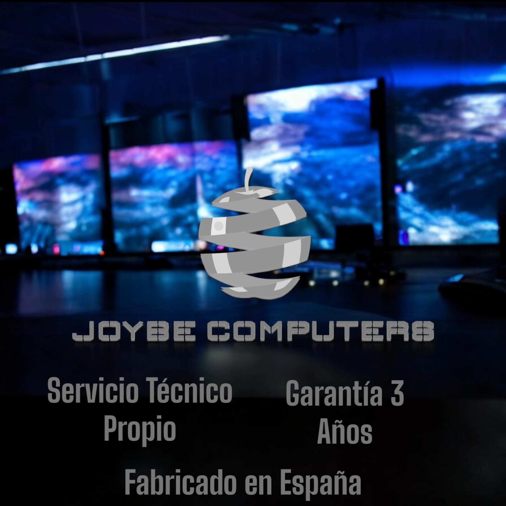 Logo Joybe Computers con texto: Servicio Técnico Propio, Garantía 3 Años, Fabricado en España.