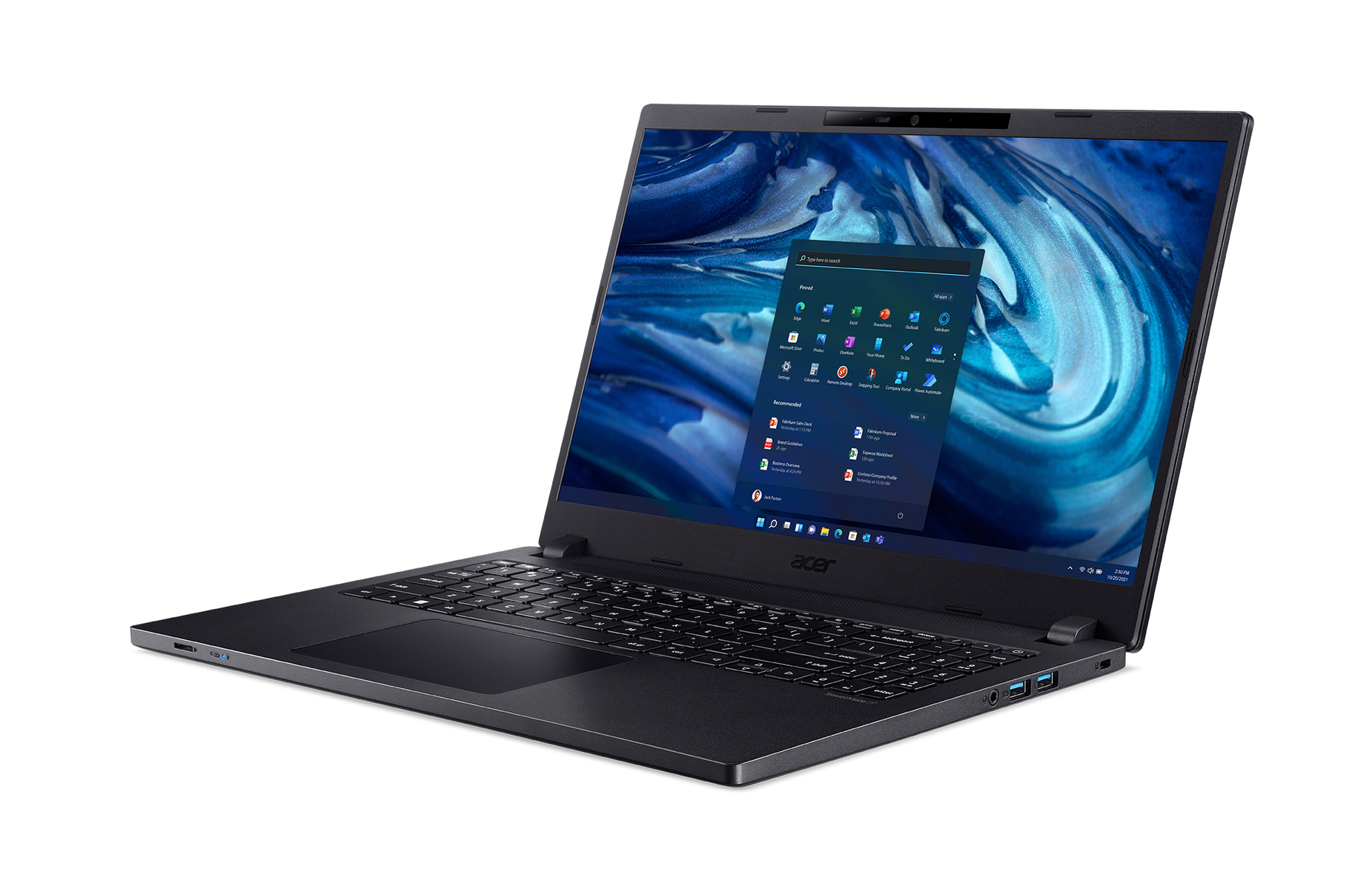Laptop nero con schermo aperto che mostra un'interfaccia Windows, su una superficie bianca.