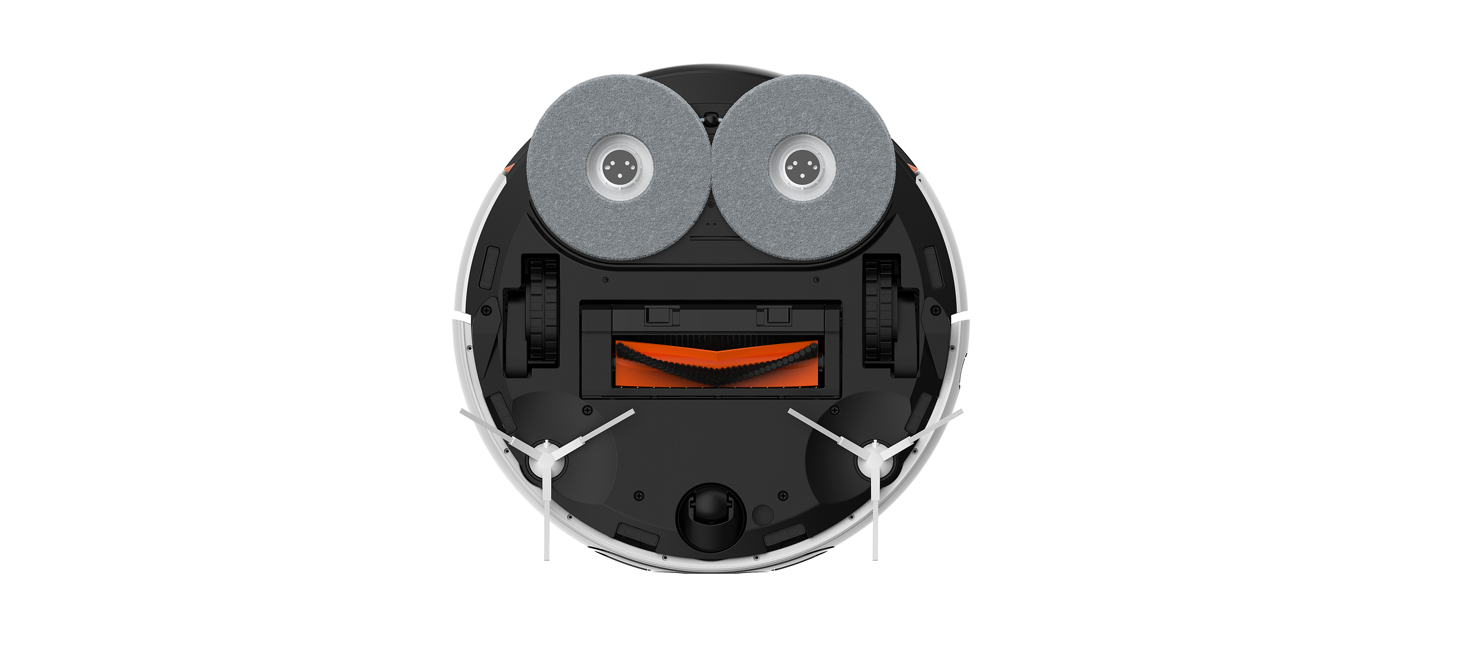 Widok od spodu robota odkurzającego. Okrągły kształt, z widocznymi szczotkami i kołami. Białe tło.