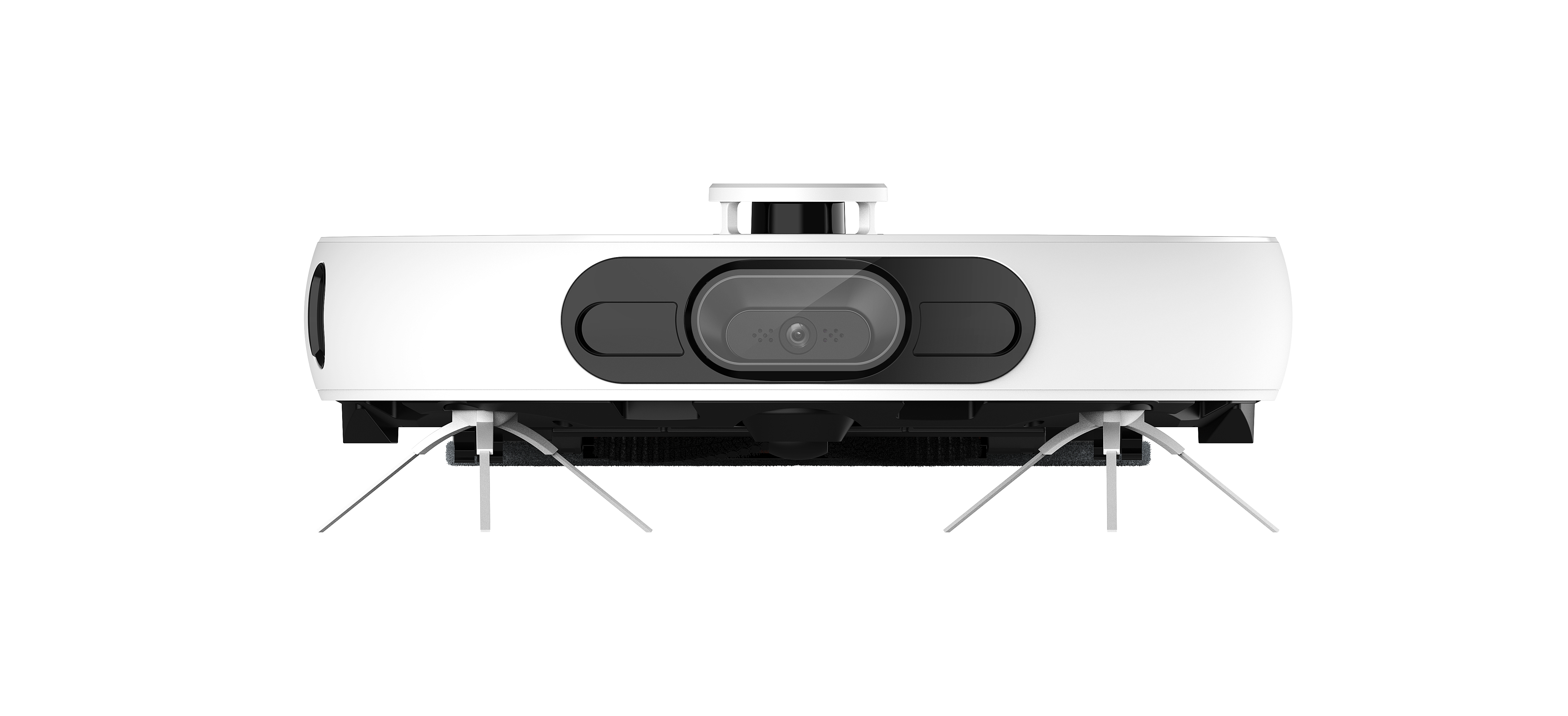 Biały odkurzacz robot, widok z przodu, z dwoma bocznymi szczotkami wysuniętymi.