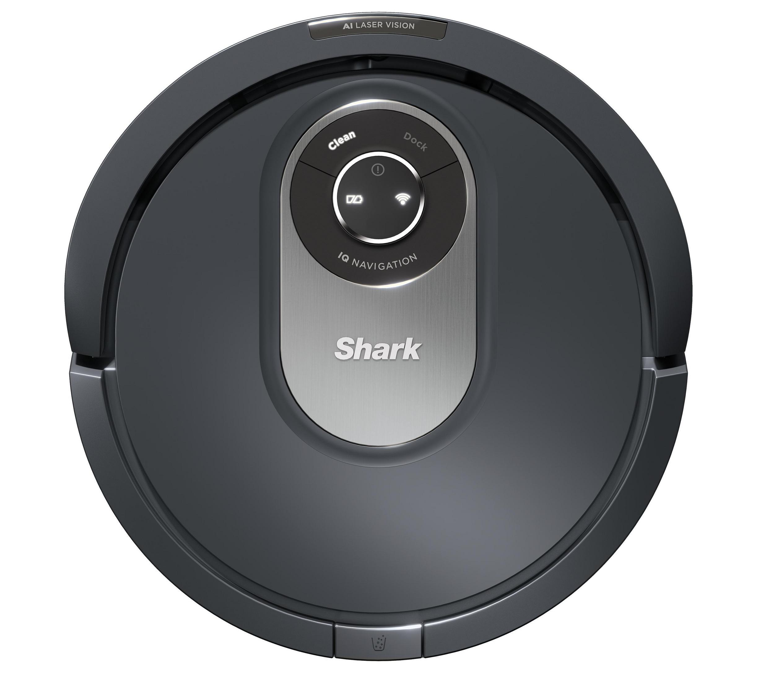 Ein grauer, kreisförmiger Shark IQ Roboter-Staubsauger. Er hat ein Bedienfeld mit Steuertasten in der Mitte.