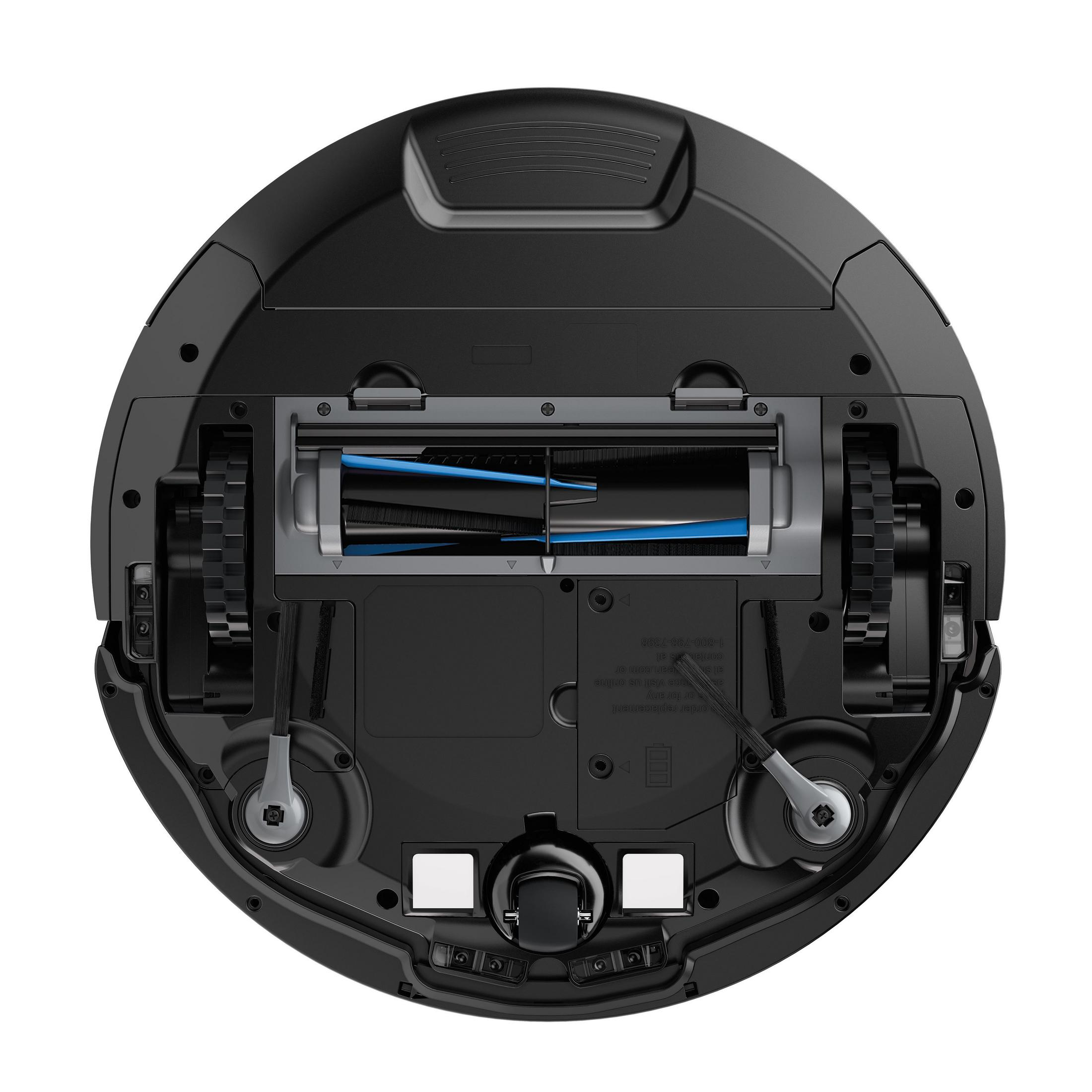 Roboter-Staubsauger-Unterseite. Schwarz, mit Bürsten und Raddetails.
