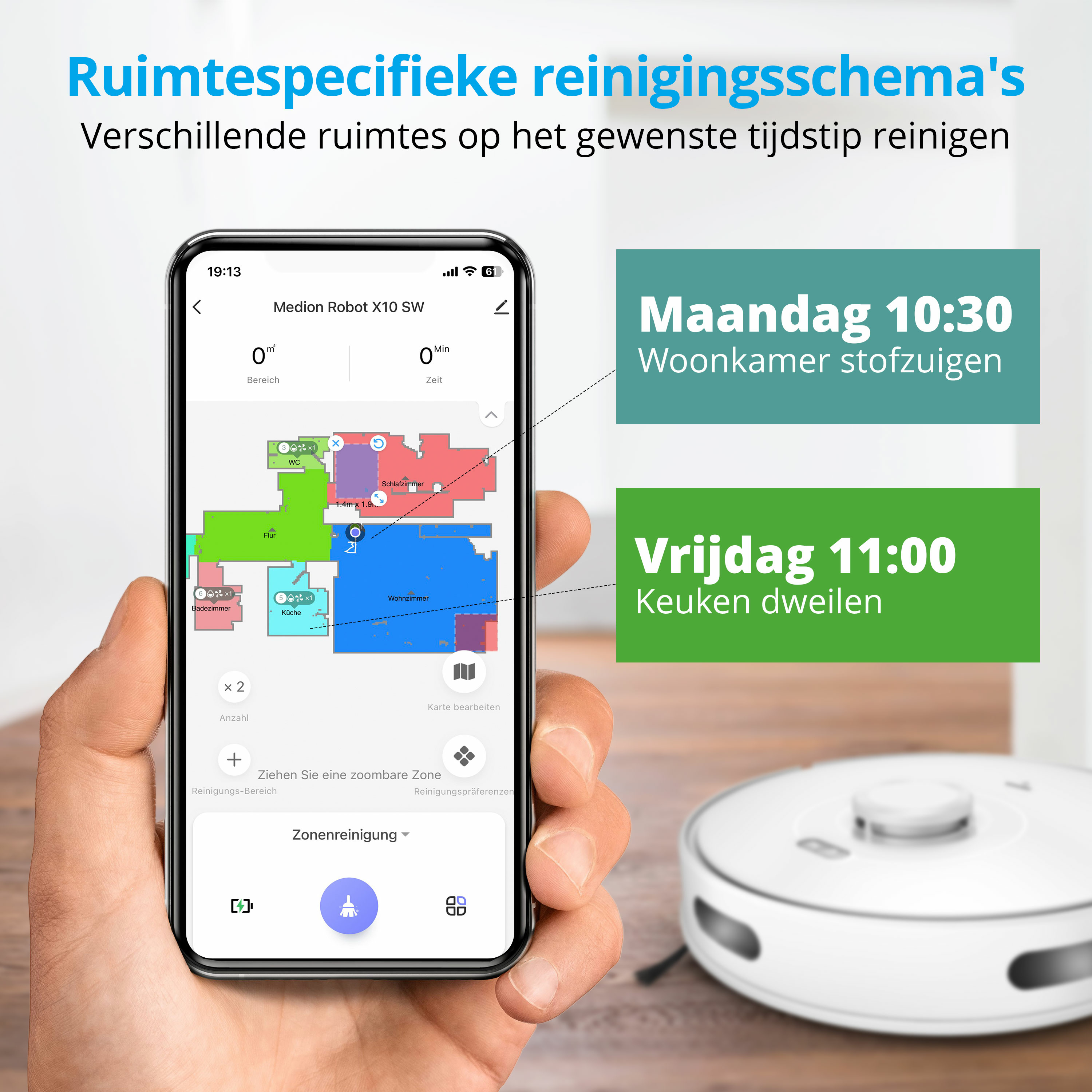 Ekran telefonu pokazujący mapę domu, odkurzacz robota i harmonogram sprzątania.