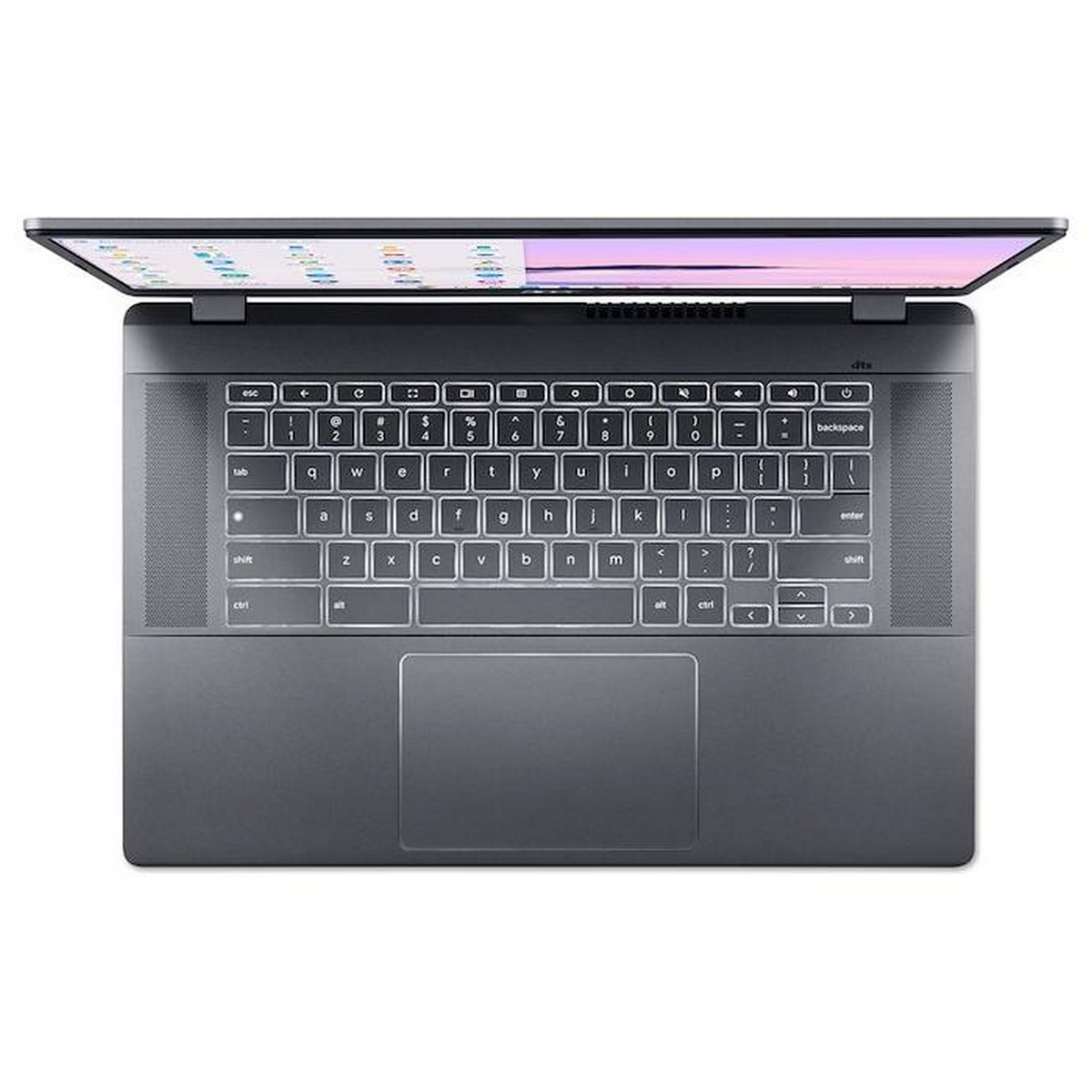 Klawiatura laptopa. Widok z góry na otwarty laptop z klawiaturą.