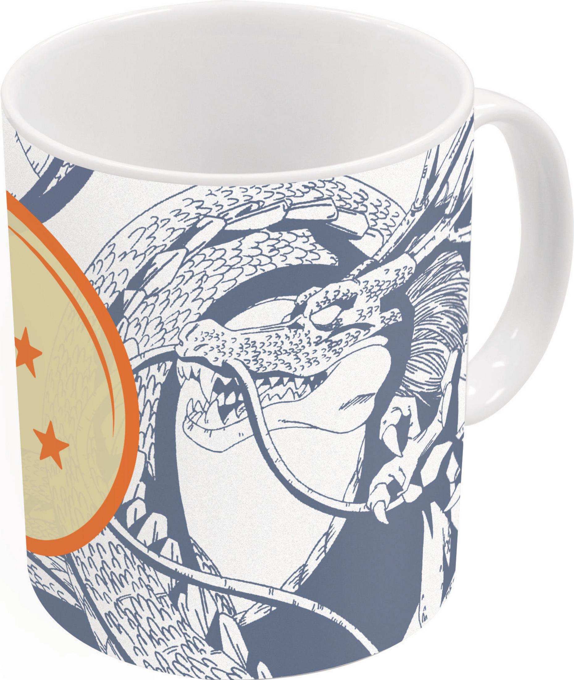 Eine weiße Kaffeetasse mit einem bunten Dragon Ball Z-Bild darauf.