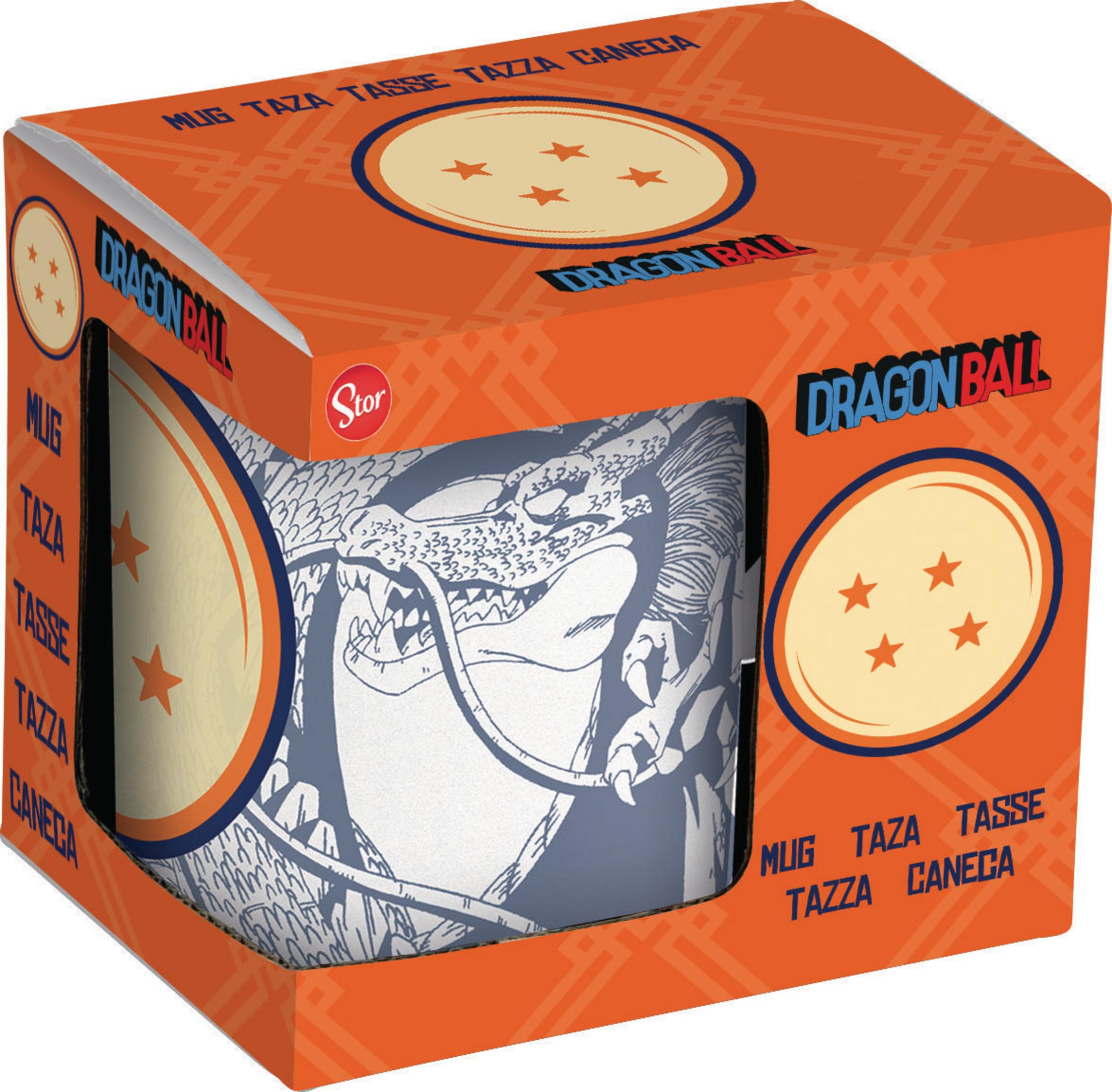 Eine Dragon Ball-Tasse in einer orangefarbenen Box. Die Tasse hat eine Drachen-Grafik. Die Box trägt den Schriftzug Dragon Ball.