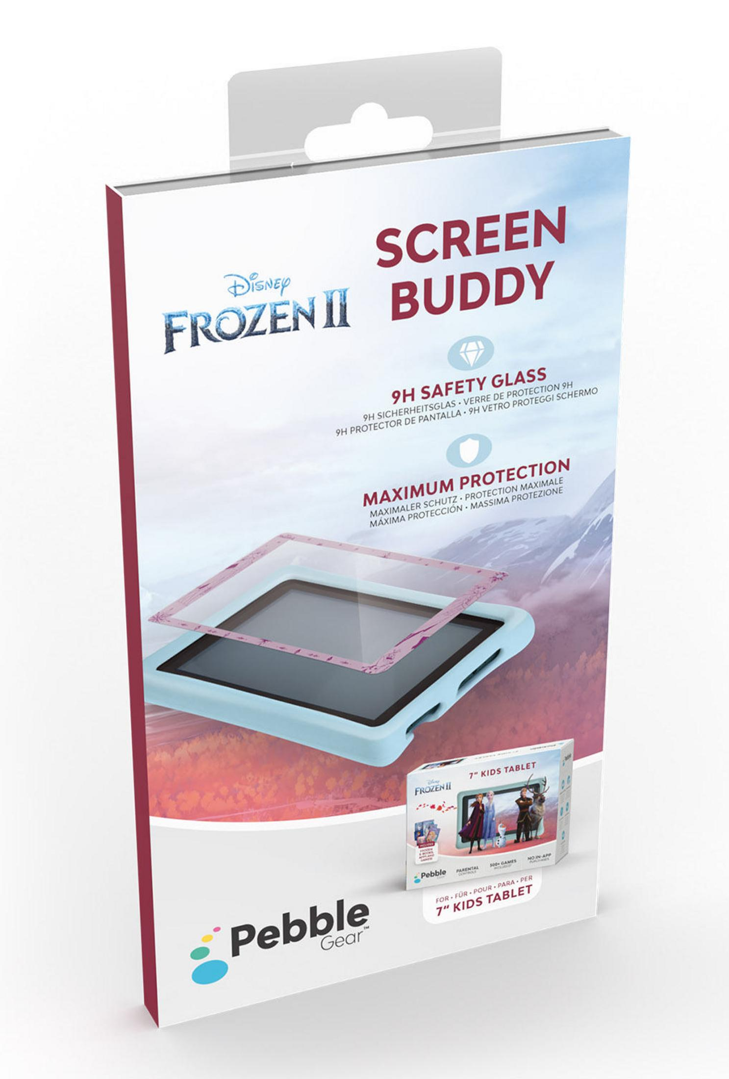 Schachtel mit 'Frozen II' Tablet-Displayschutz, mit Tablet und Schutzglas sichtbar.