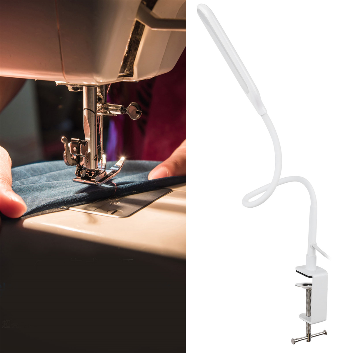 Nähmaschine in Betrieb, mit flexibler Schreibtischlampe an der Tischplatte befestigt, Stoff beleuchtend.