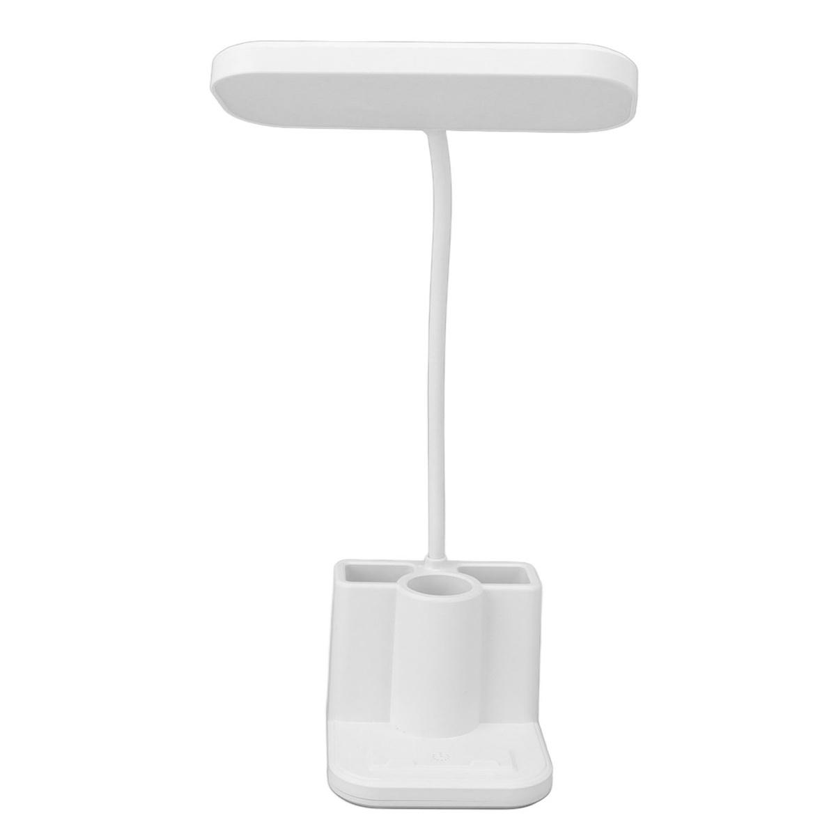 Weiße Schreibtischlampe mit langem, gebogenem Stiel und Basis mit Stifthaltern.