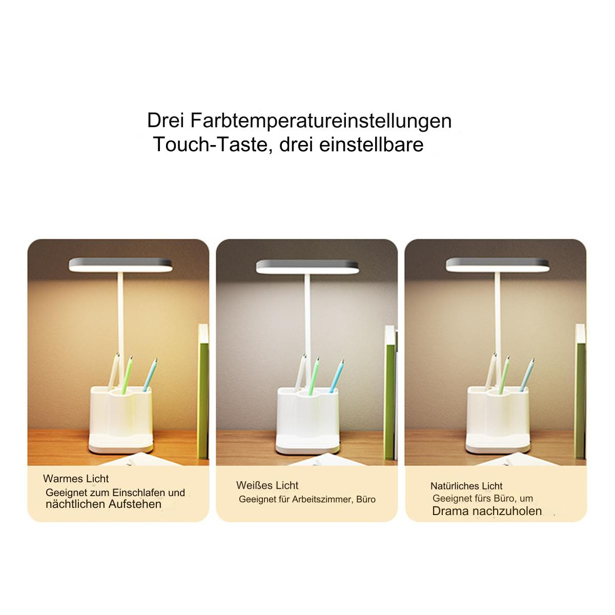 Drei Schreibtischlampen mit verschiedenen Lichteinstellungen und ein Stifthalter mit Stiften.