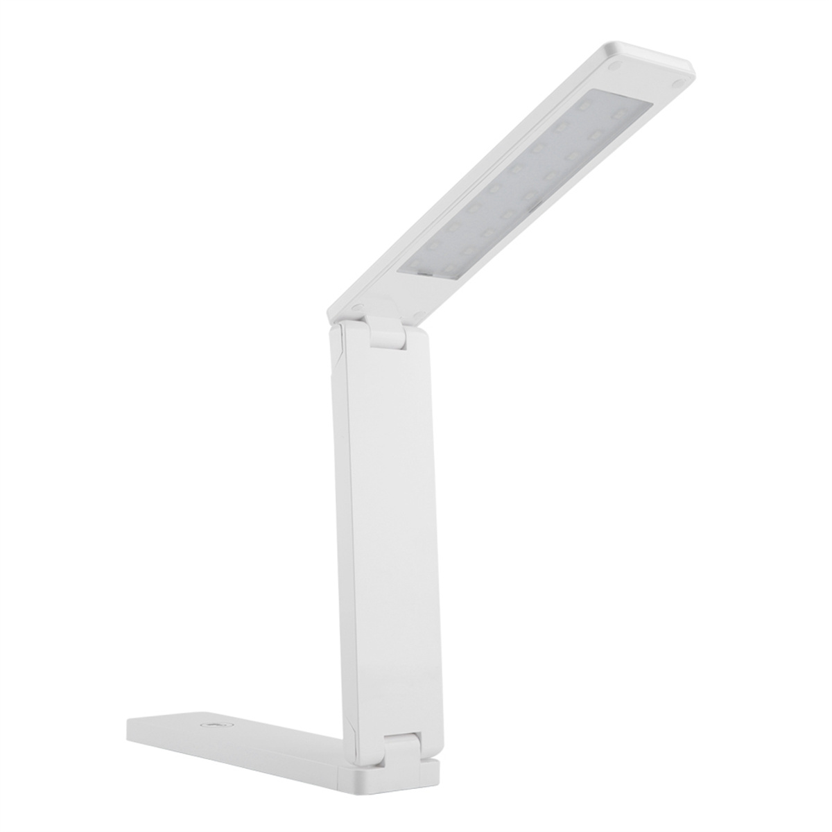 Eine weiße, faltbare Schreibtischlampe mit hellen LED-Leuchten und einem flexiblen Arm, nach links geneigt.