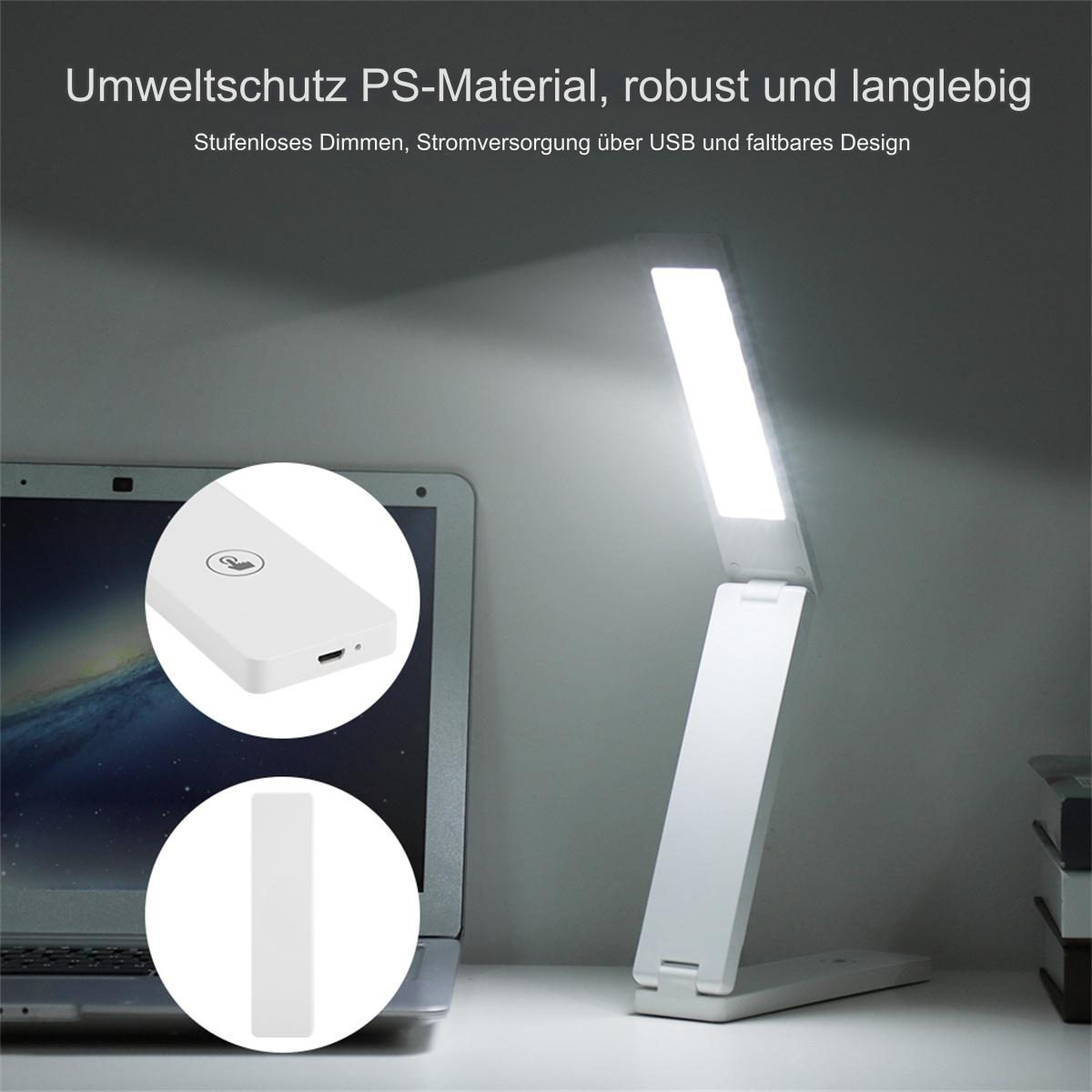 Weiße, faltbare LED-Schreibtischlampe mit Laptop und Netzteil. Text auf Deutsch.