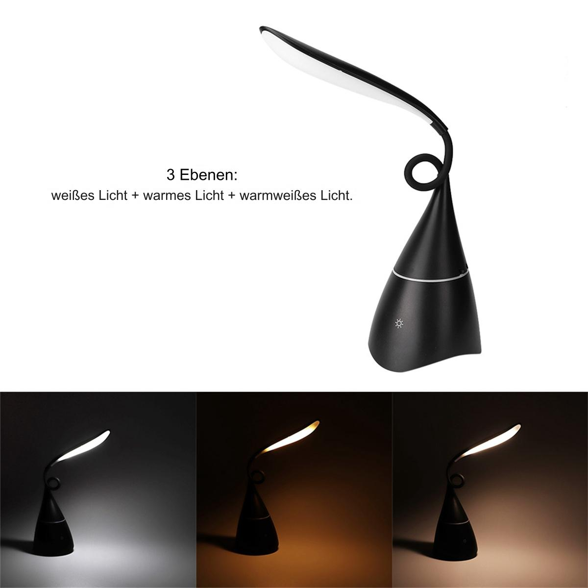 Schwarze Schreibtischlampe mit drei Lichteinstellungen. Weißes, warmweißes und warmweißes Licht.